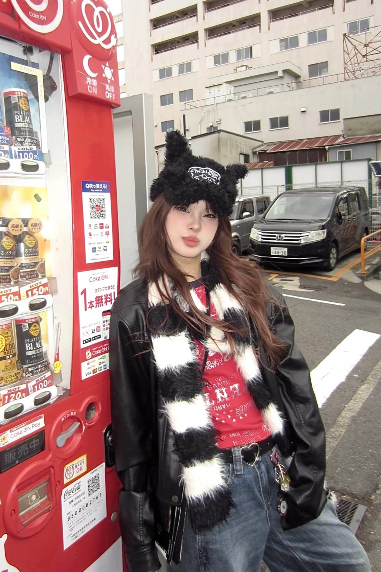 TWINBUTA Furry Ear Embroidered Cap Black