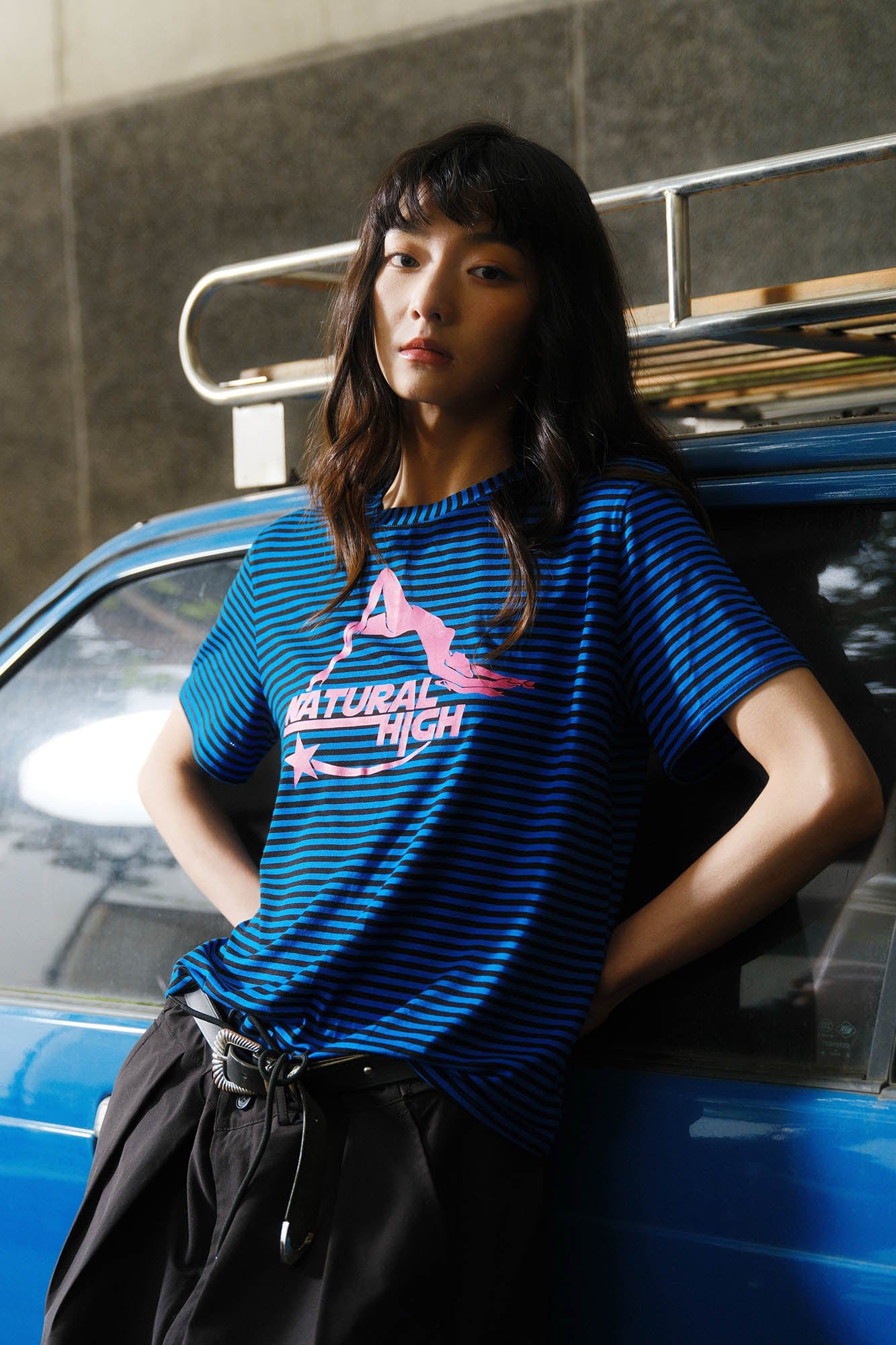KADAKADA Striped Mountain Graphic Stretch T-Shirt
