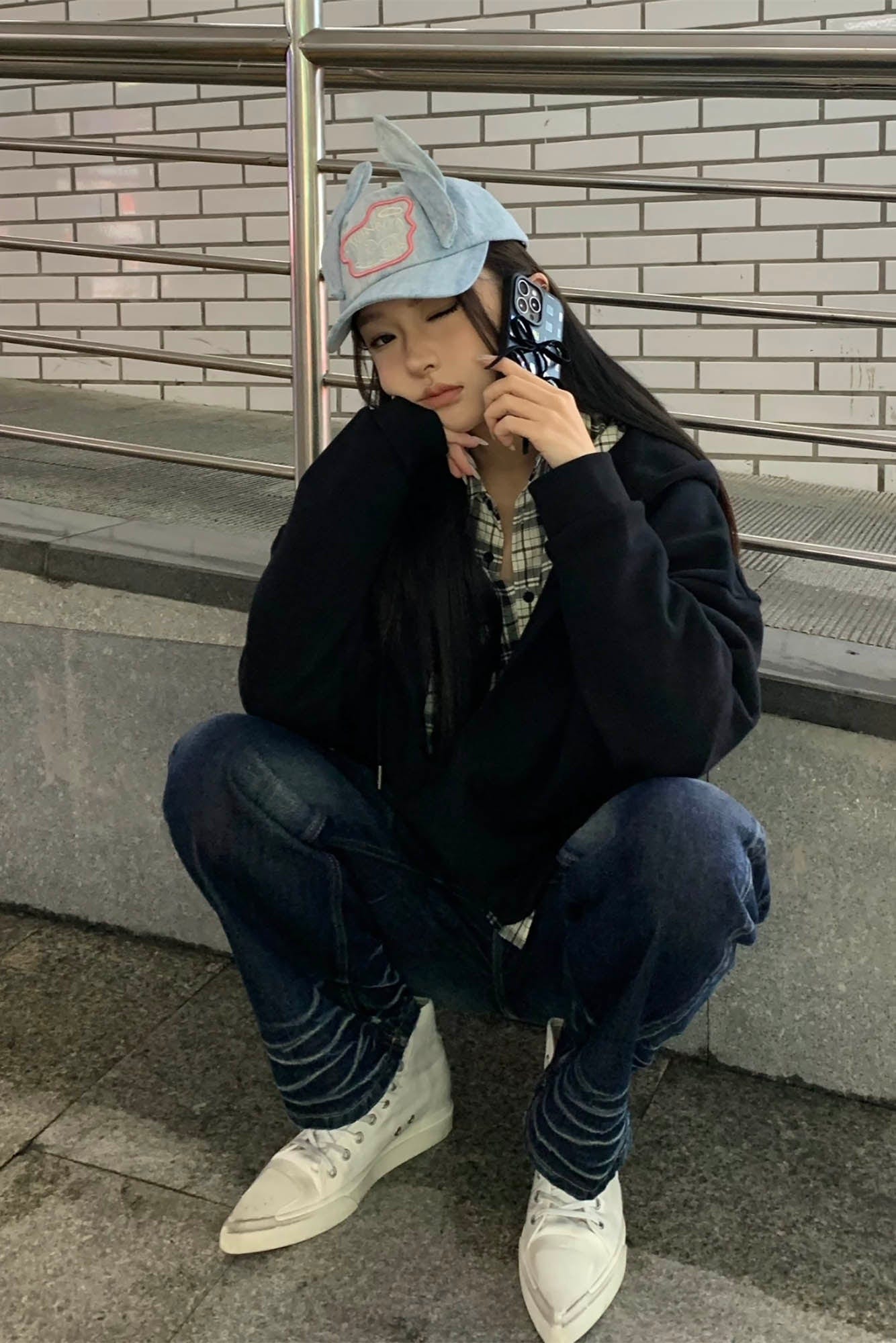 TWINBUTA Denim Ear Embroidered Cap