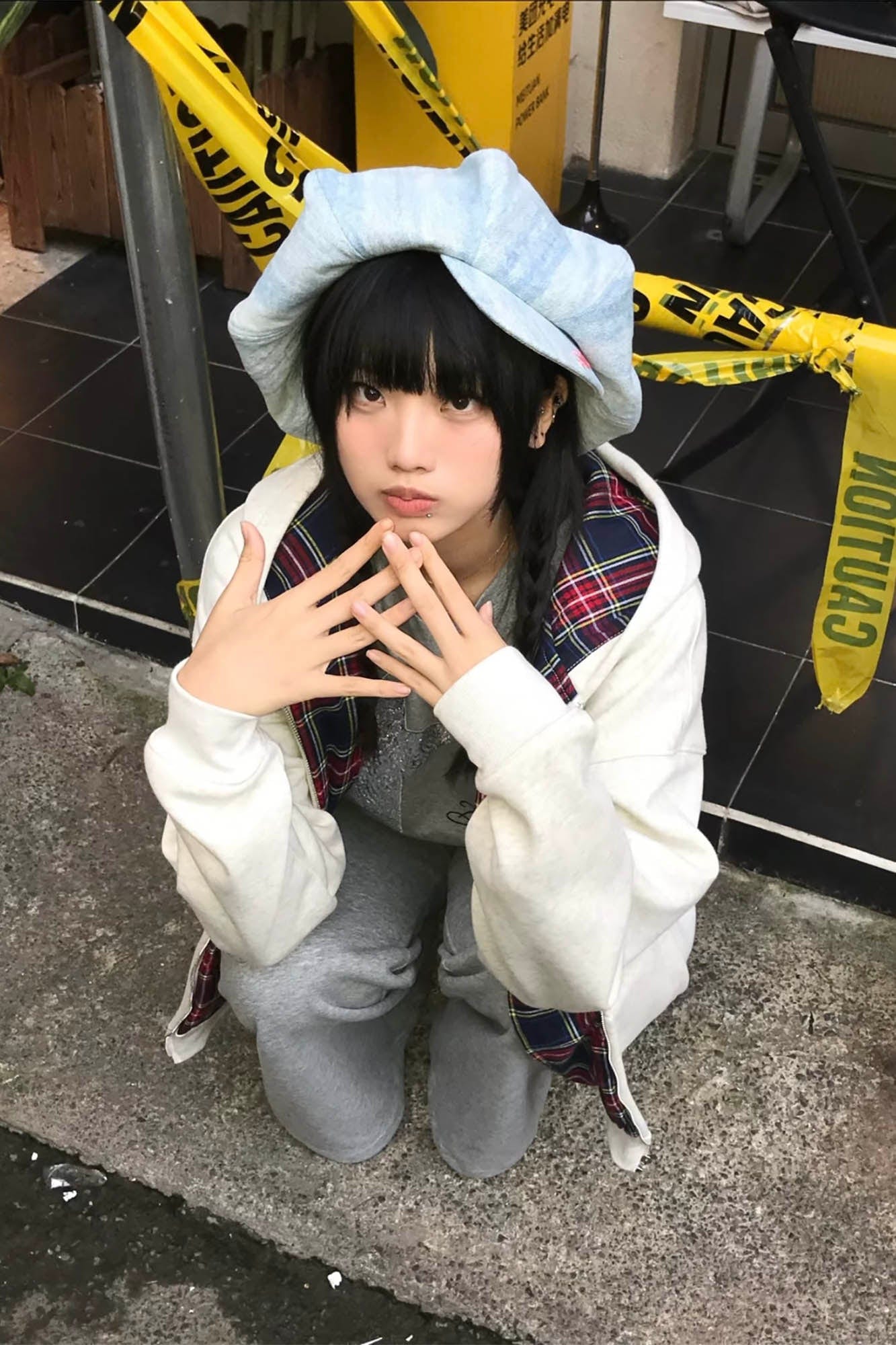 TWINBUTA Washed Embroidered Denim Newsboy Cap