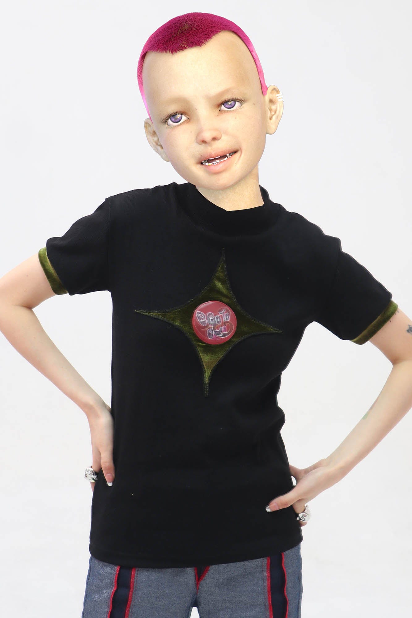 EMBRYO Four-Point Star Spliced Mock Neck T-Shirt