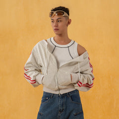 CLP Off-Shoulder Striped Zip-Up Cropped Sweatshirt