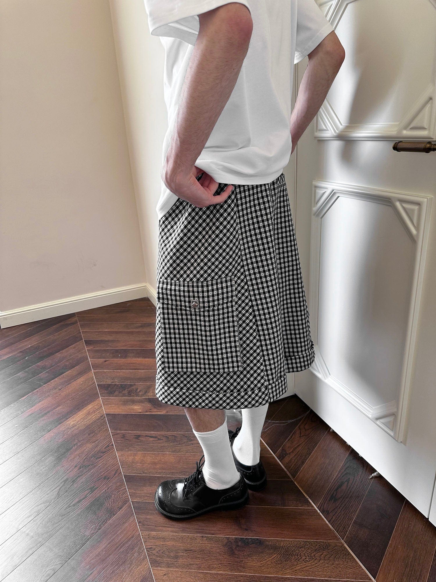 SOURPLUM Retro Gingham Spliced Oversized Shorts