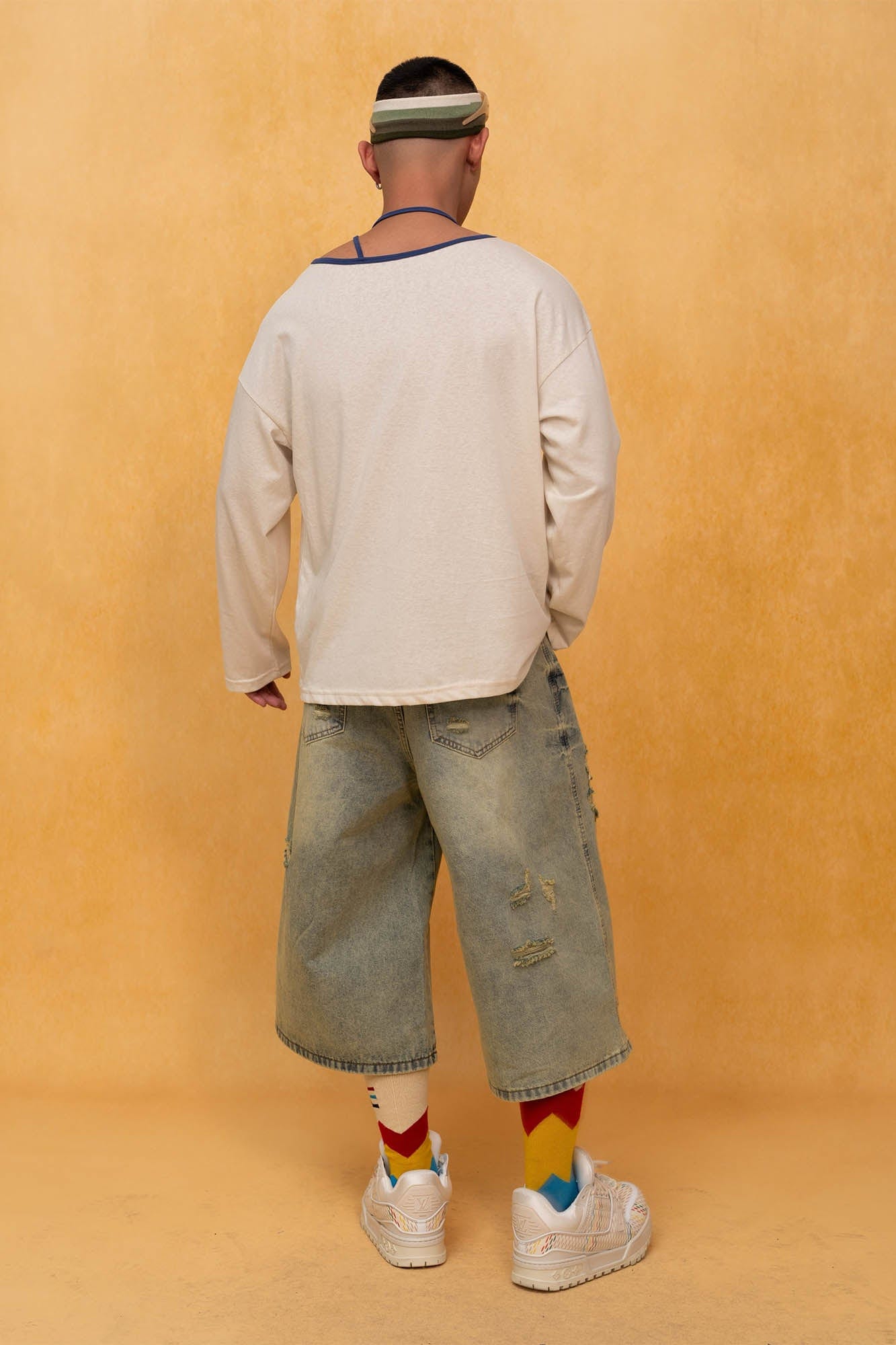 CLP Washed Ripped Knee-Length Denim Shorts