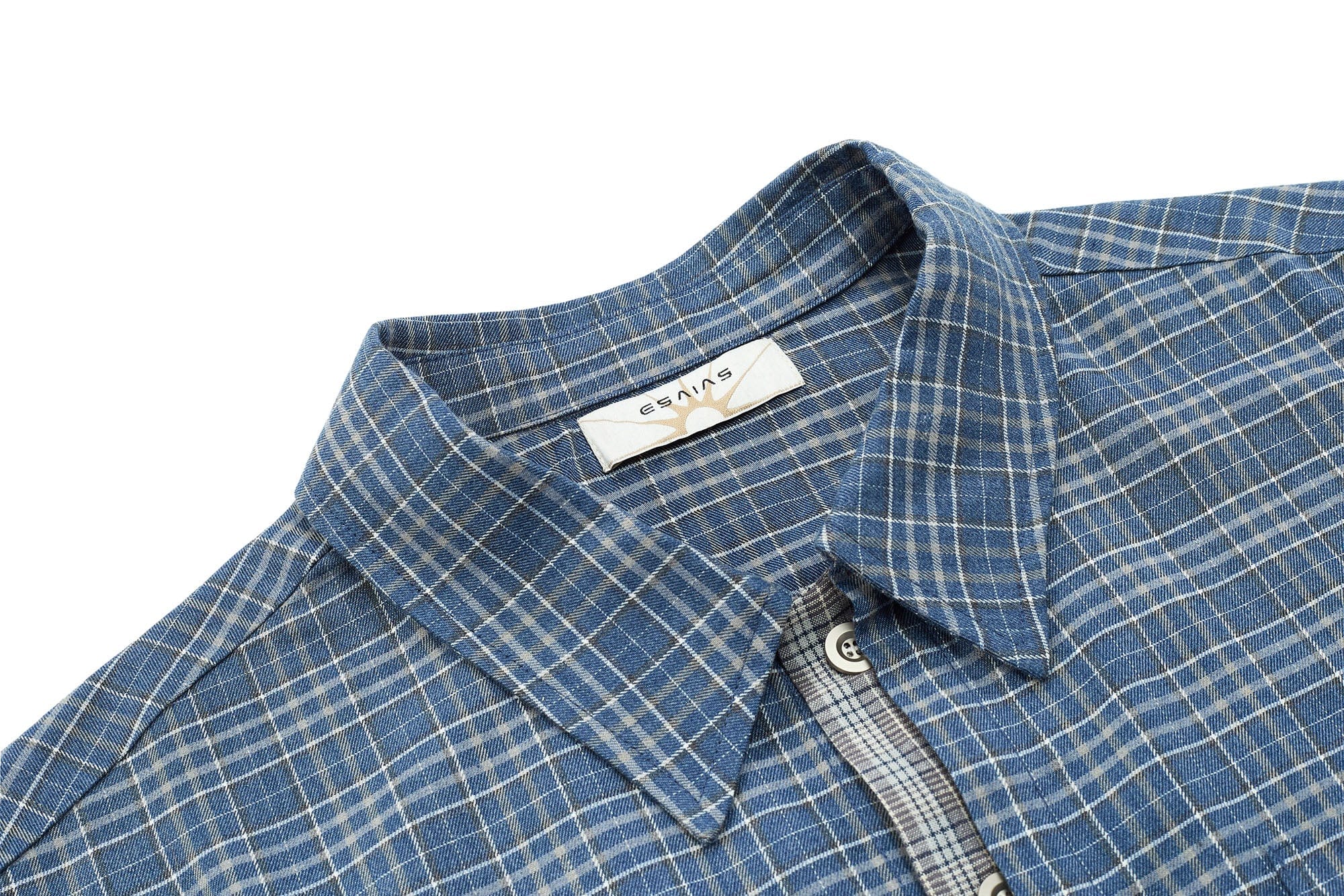 ESAIAS Plaid Layered Raw-Edge Half Shirt Blue