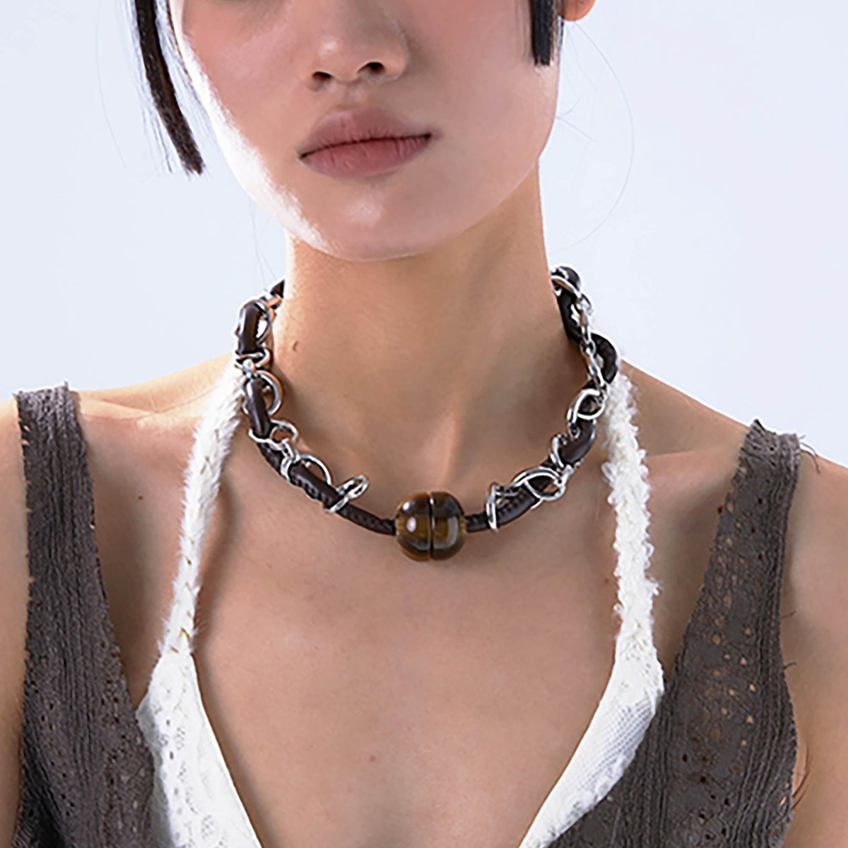 SCHWARZGOLD Leather Cord & Chain Snap Bead Necklace
