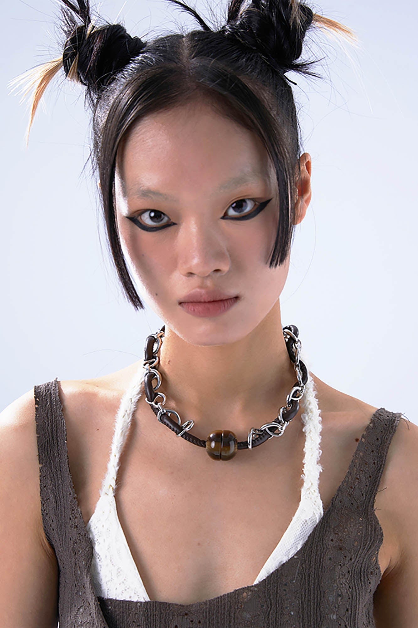SCHWARZGOLD Leather Cord & Chain Snap Bead Necklace