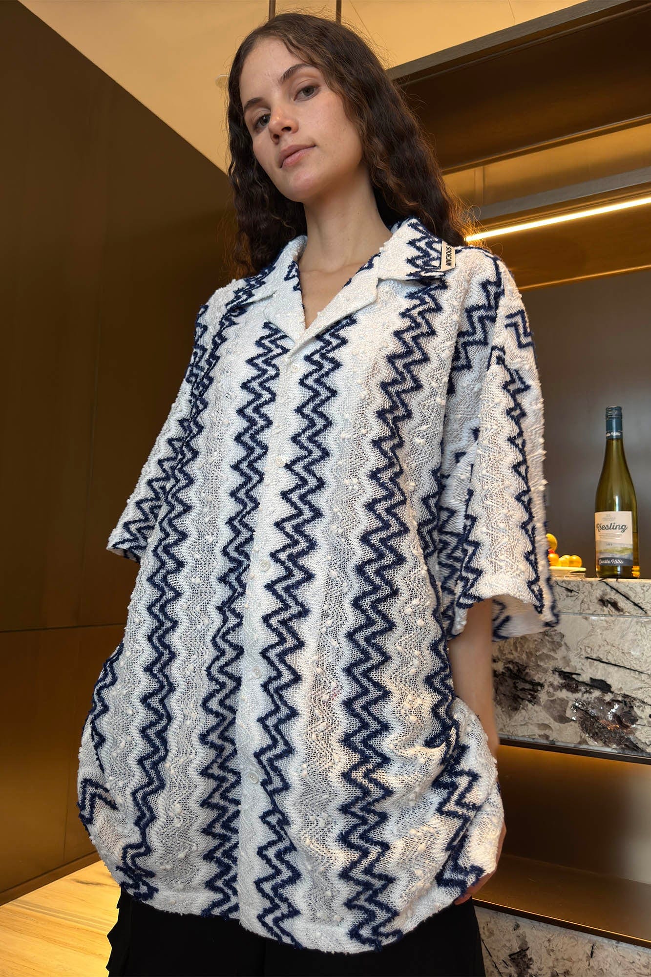 MIICHOUS Geometric Ripple Jacquard Oversized Half Shirt