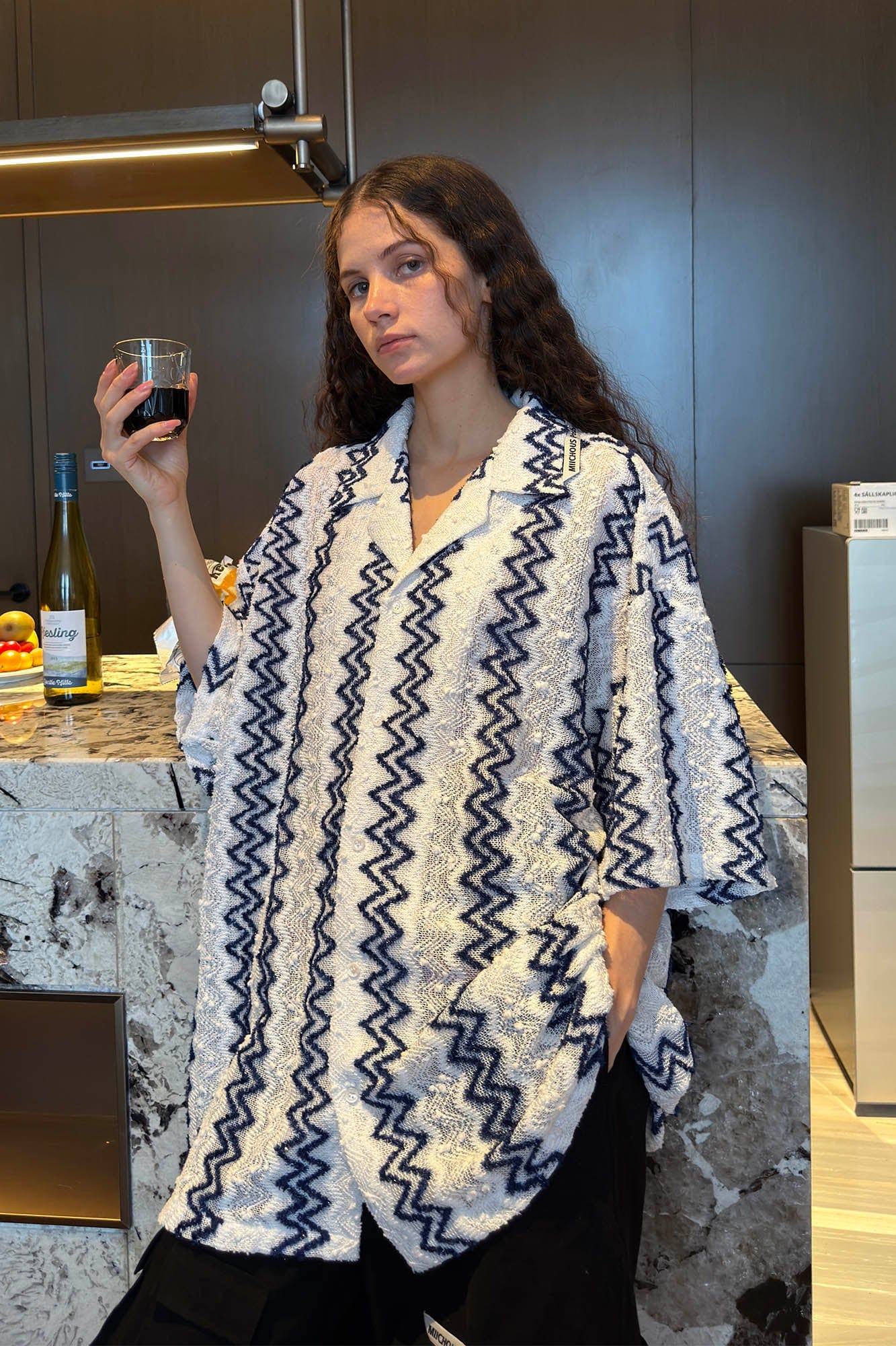 MIICHOUS Geometric Ripple Jacquard Oversized Half Shirt
