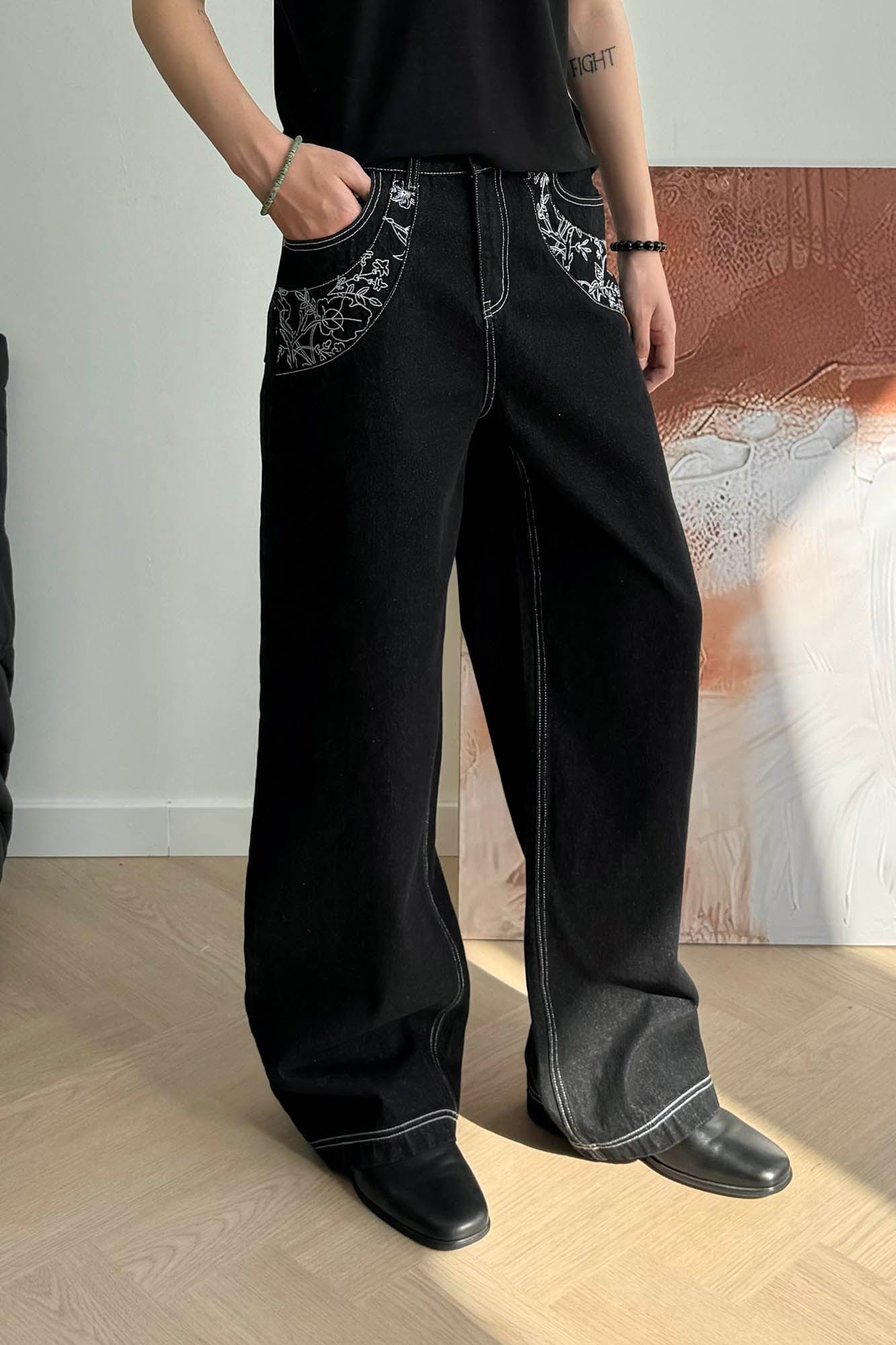 KREATE Floral Embroidered Spliced Wide-Leg Jeans