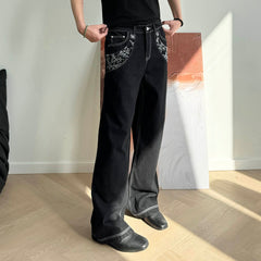 KREATE Floral Embroidered Spliced Wide-Leg Jeans