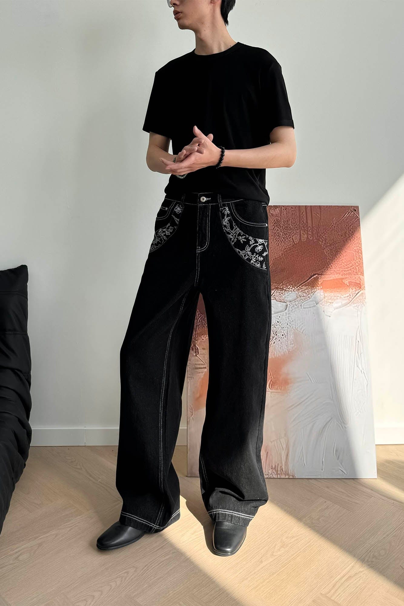 KREATE Floral Embroidered Spliced Wide-Leg Jeans