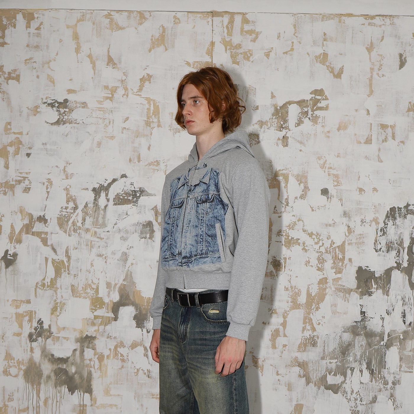 LEONSENSE Denim Print Zip-Up Hoodie