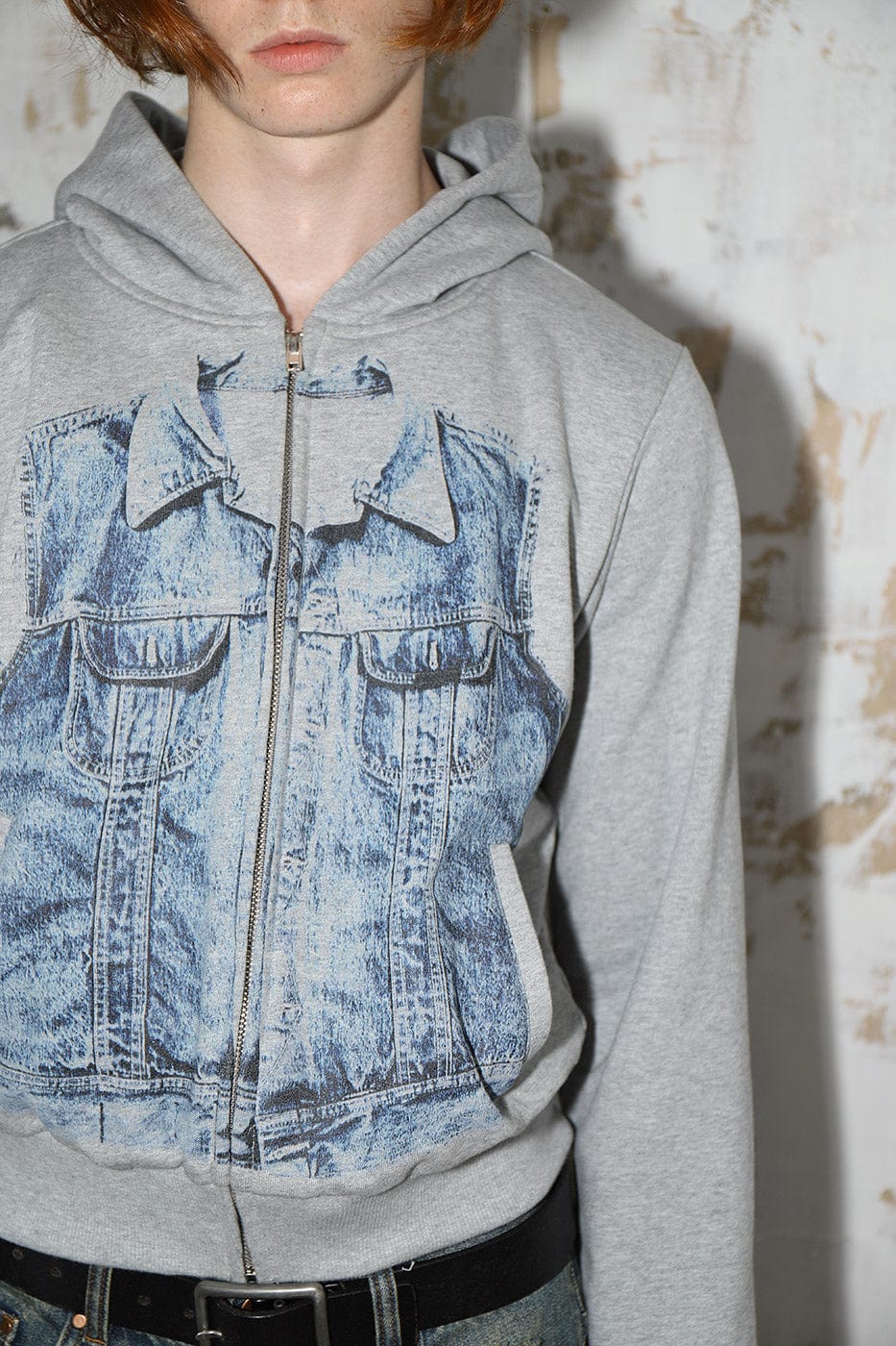 LEONSENSE Denim Print Zip-Up Hoodie