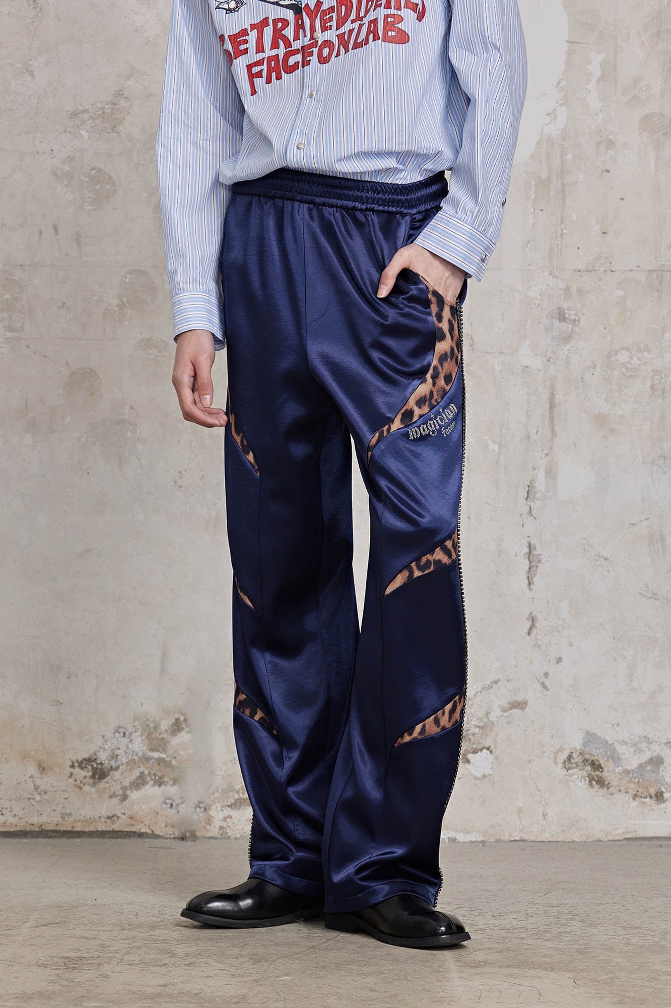 FACEONLAB Diamond Leopard-Spliced Satin Pants