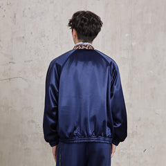 FACEONLAB Rivet Diamond Satin Leopard-Collar Jacket