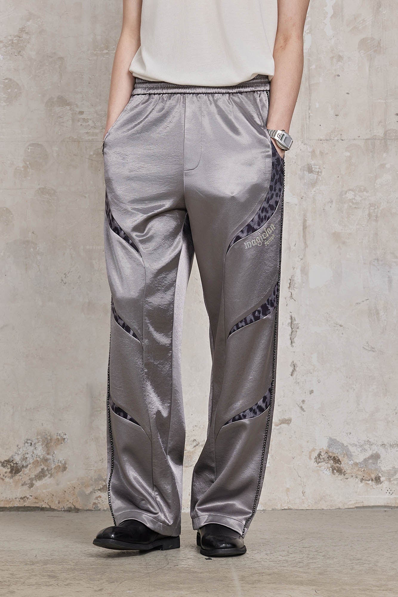 FACEONLAB Diamond Leopard-Spliced Satin Pants