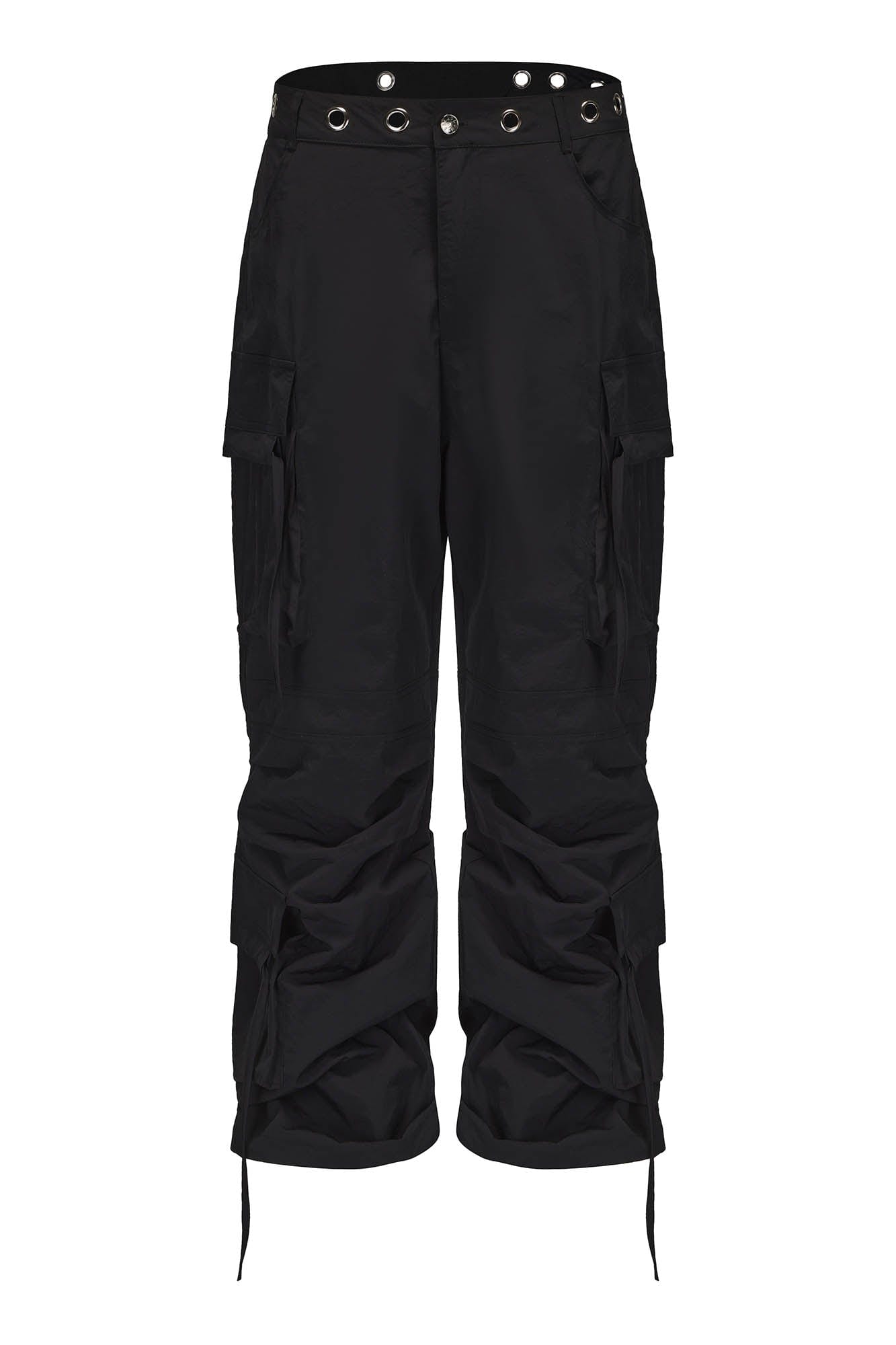 BLACK8MOB Eyelet Waist Tie Multi-Pocket Parachute Pants