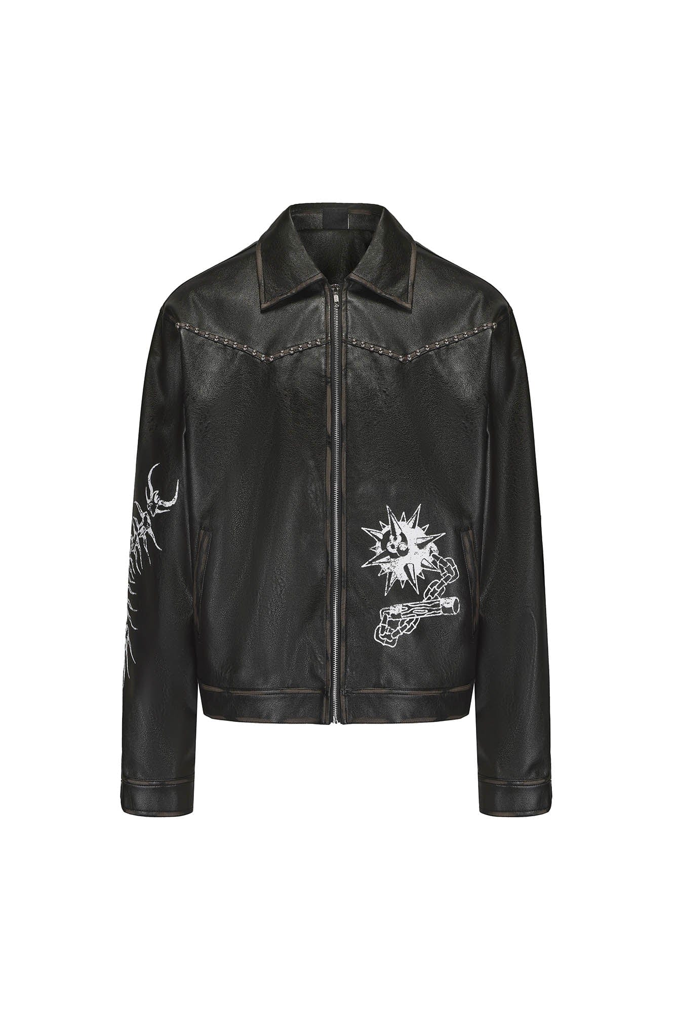 BLACK8MOB Distressed Graphics Faded Studded Leather Jacket
