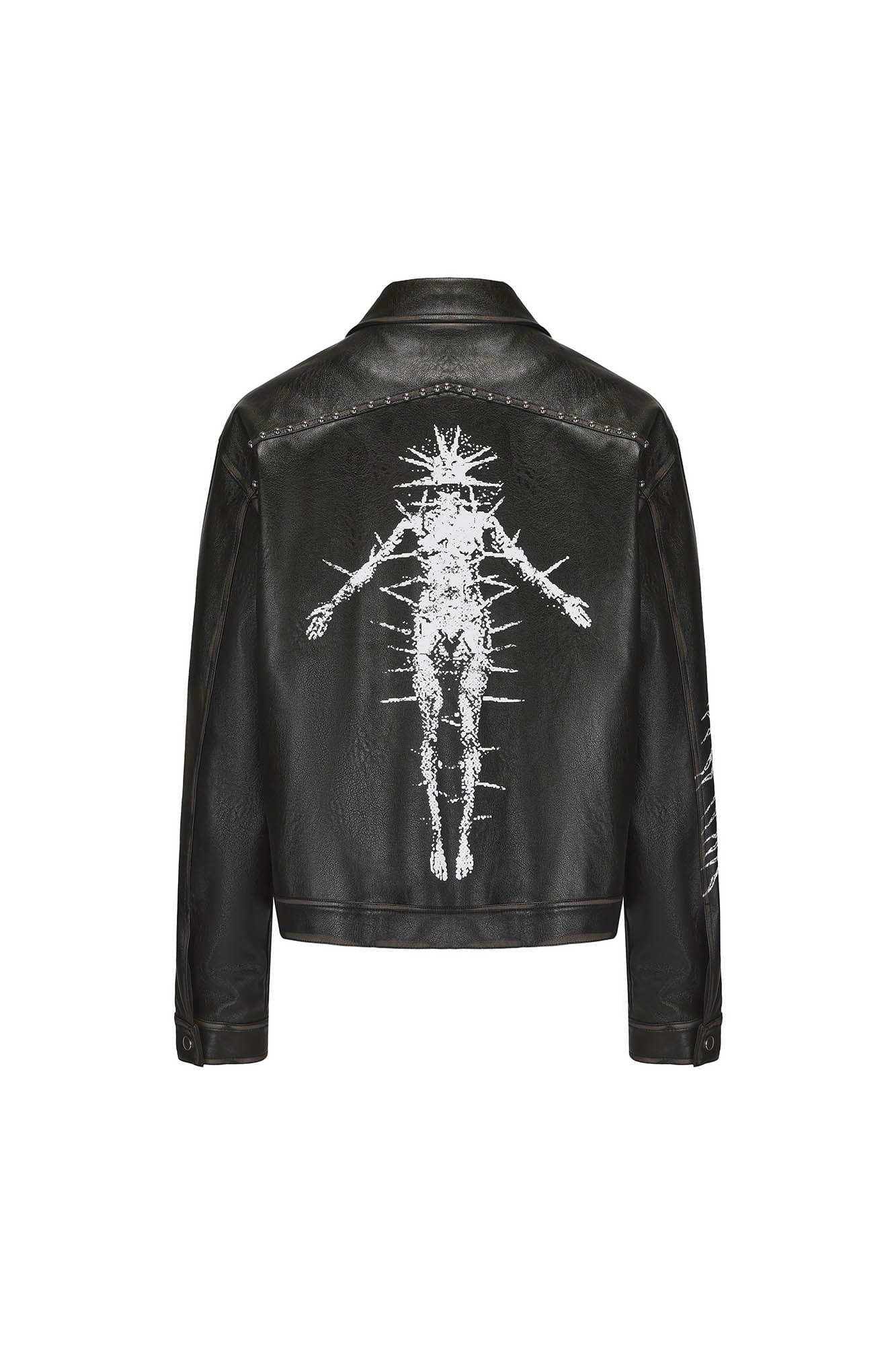 BLACK8MOB Distressed Graphics Faded Studded Leather Jacket
