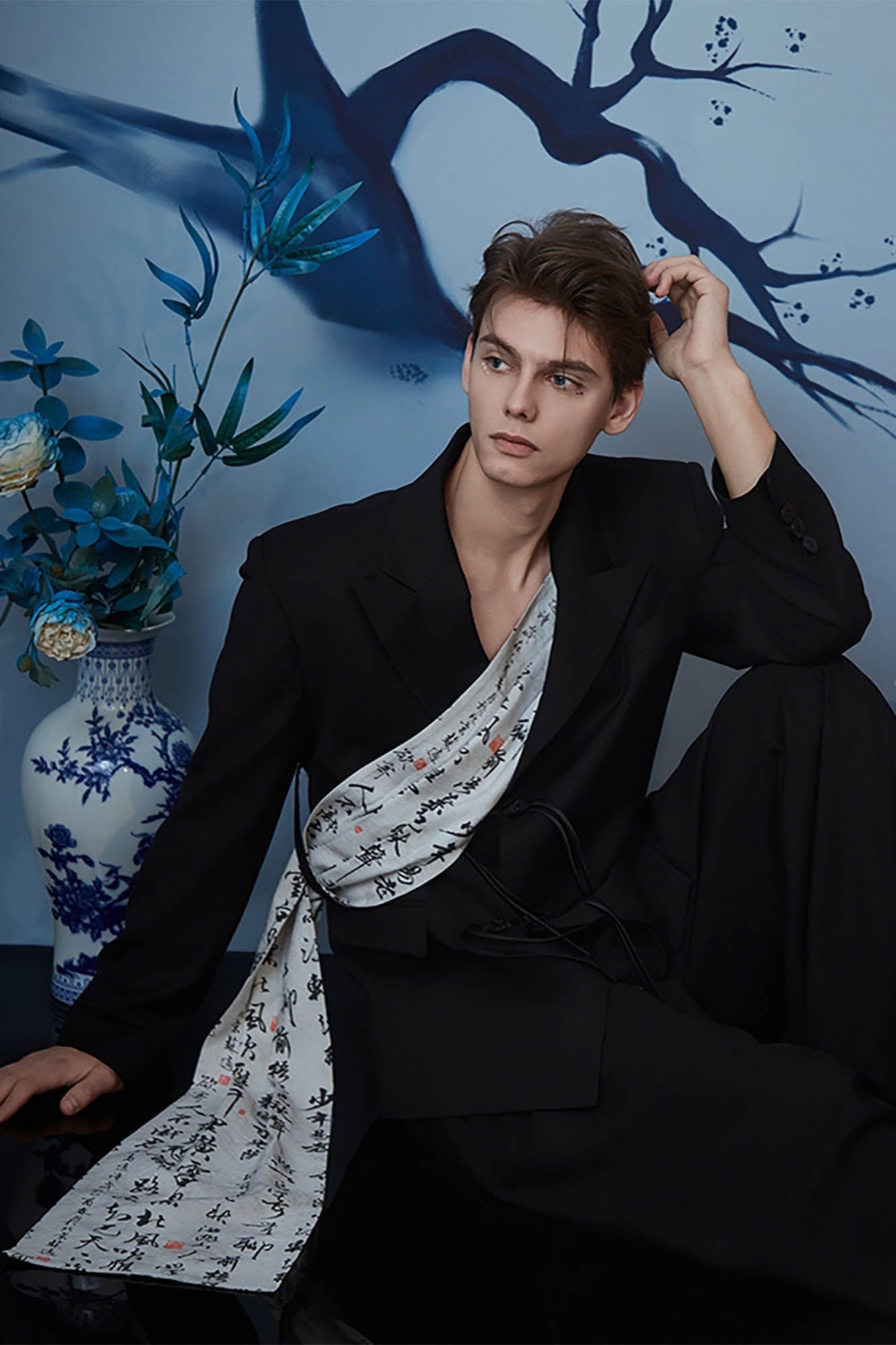 JIECHI Calligraphy Sash Mandarin-Button Blazer