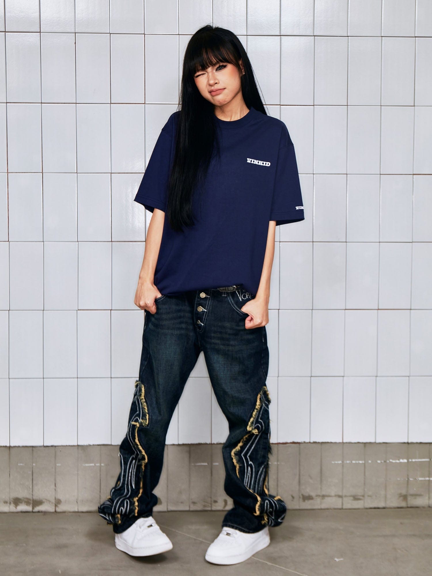 VINKID Swirl Embroidery Patchwork Jeans