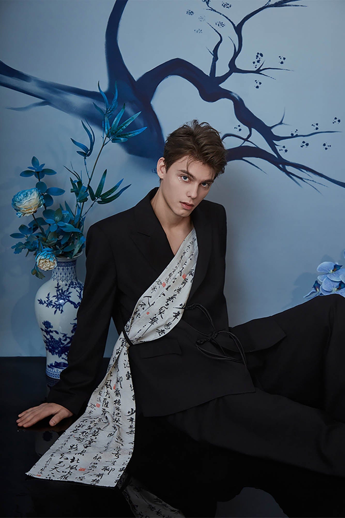 JIECHI Calligraphy Sash Mandarin-Button Blazer
