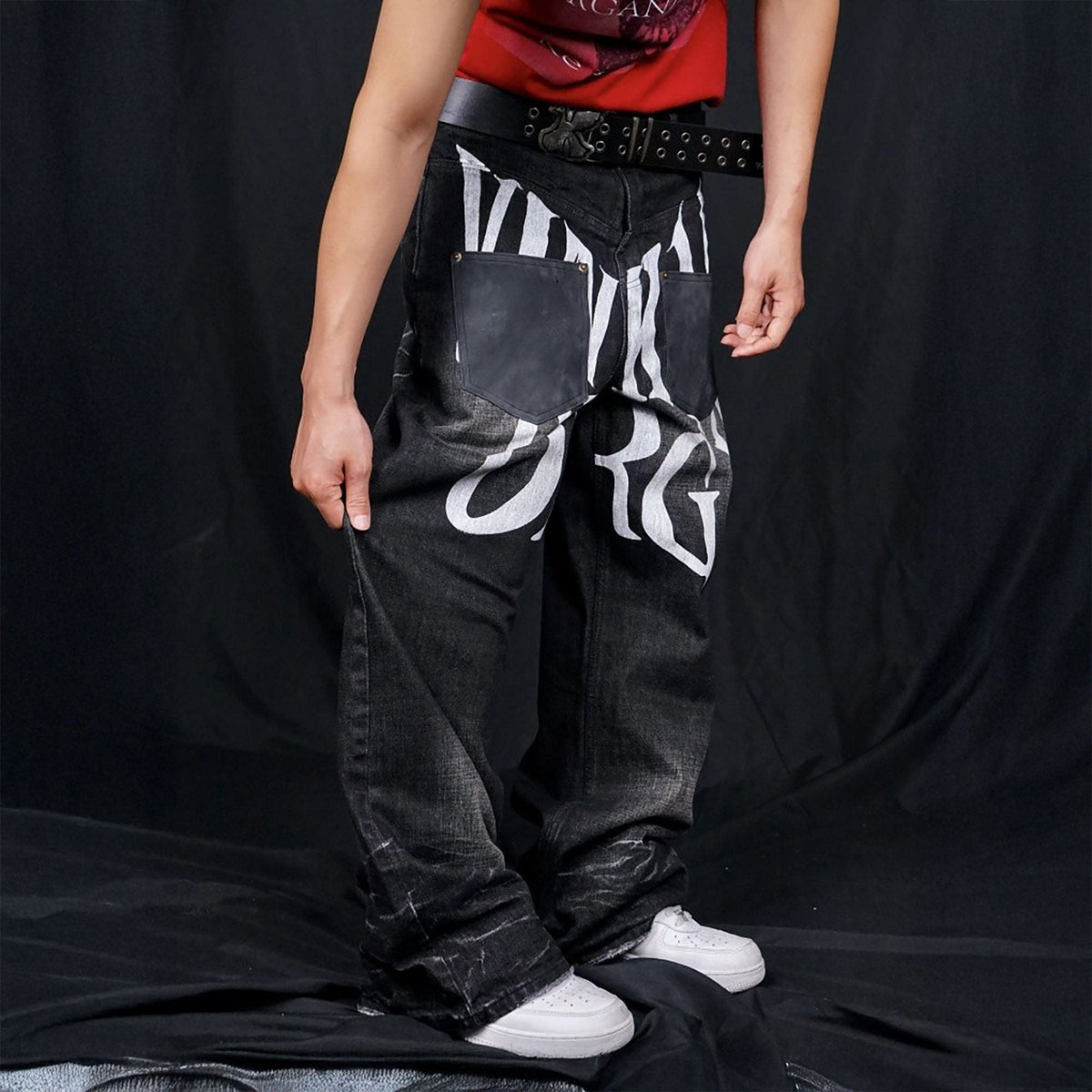 VINKID Faux Reversed Chaotic Letter Graphic Jeans