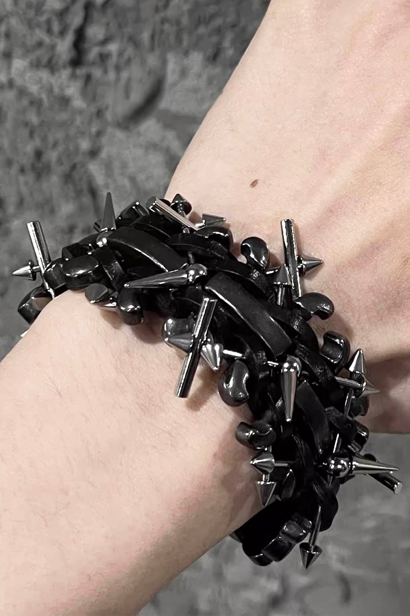 ILLUSORY Braided Spiked Leather Bracelet