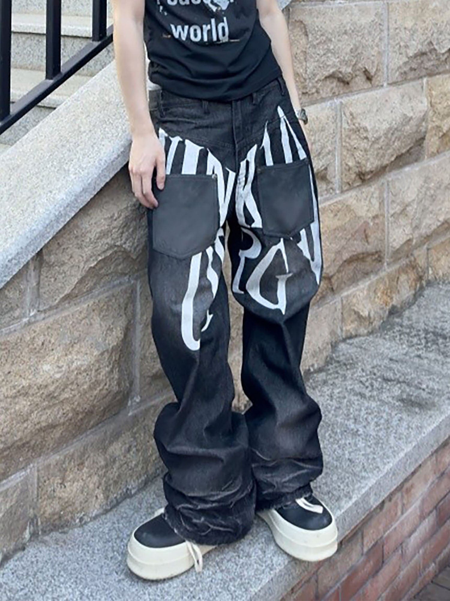VINKID Faux Reversed Chaotic Letter Graphic Jeans