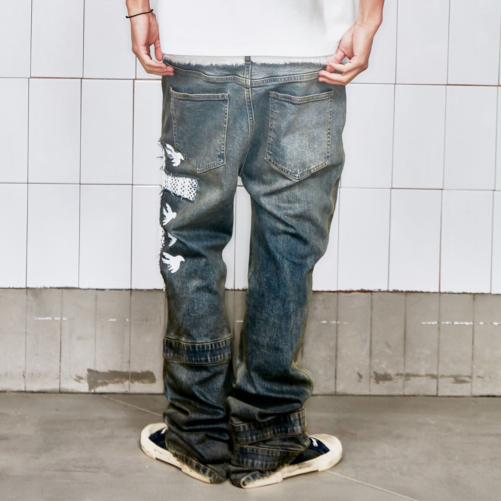 VINKID Cutout Cross & Peace Dove Patchwork Washed Jeans
