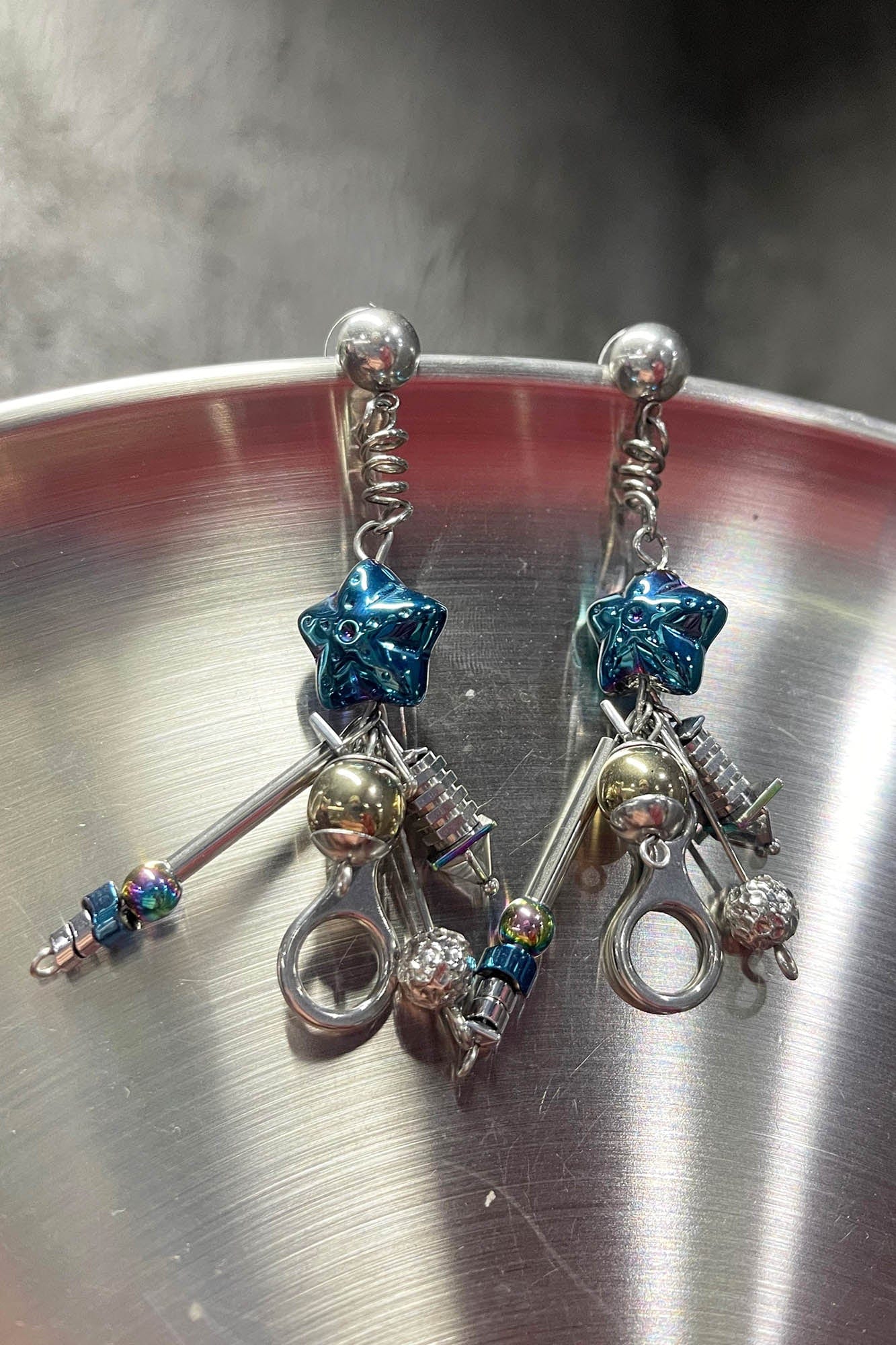 ILLUSORY Space Odyssey Industrial Drop Earrings/ Ear Clip Blue