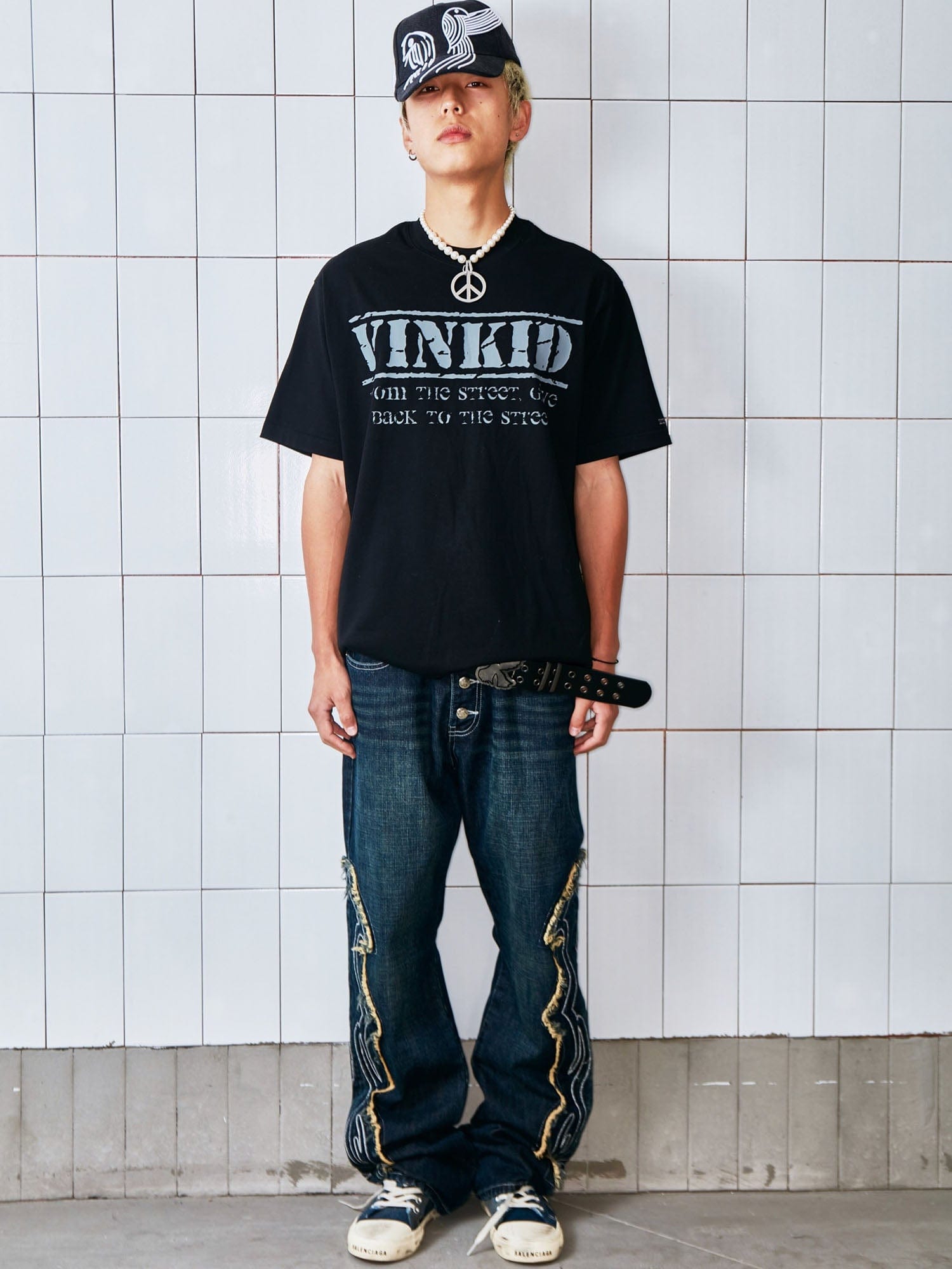 VINKID Swirl Embroidery Patchwork Jeans