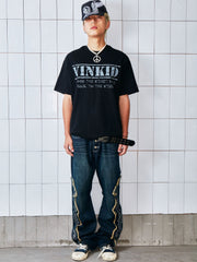 VINKID Swirl Embroidery Patchwork Jeans