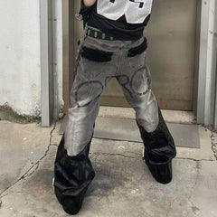 VINKID Faux Fur & Leather Paneled Washed Jeans