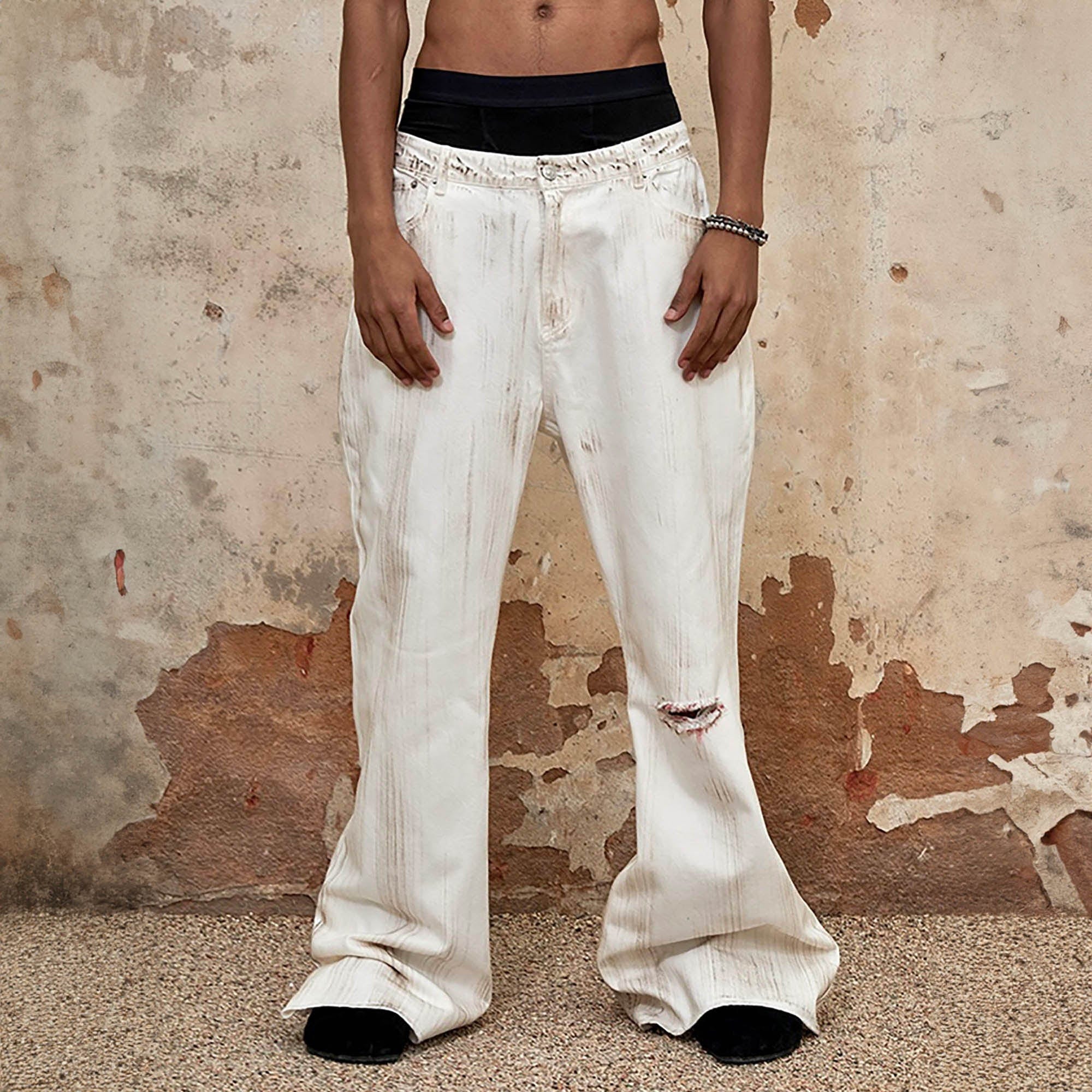 TRIANGLE PROJECT Distressed Crescent Blade Flared Denim Pants