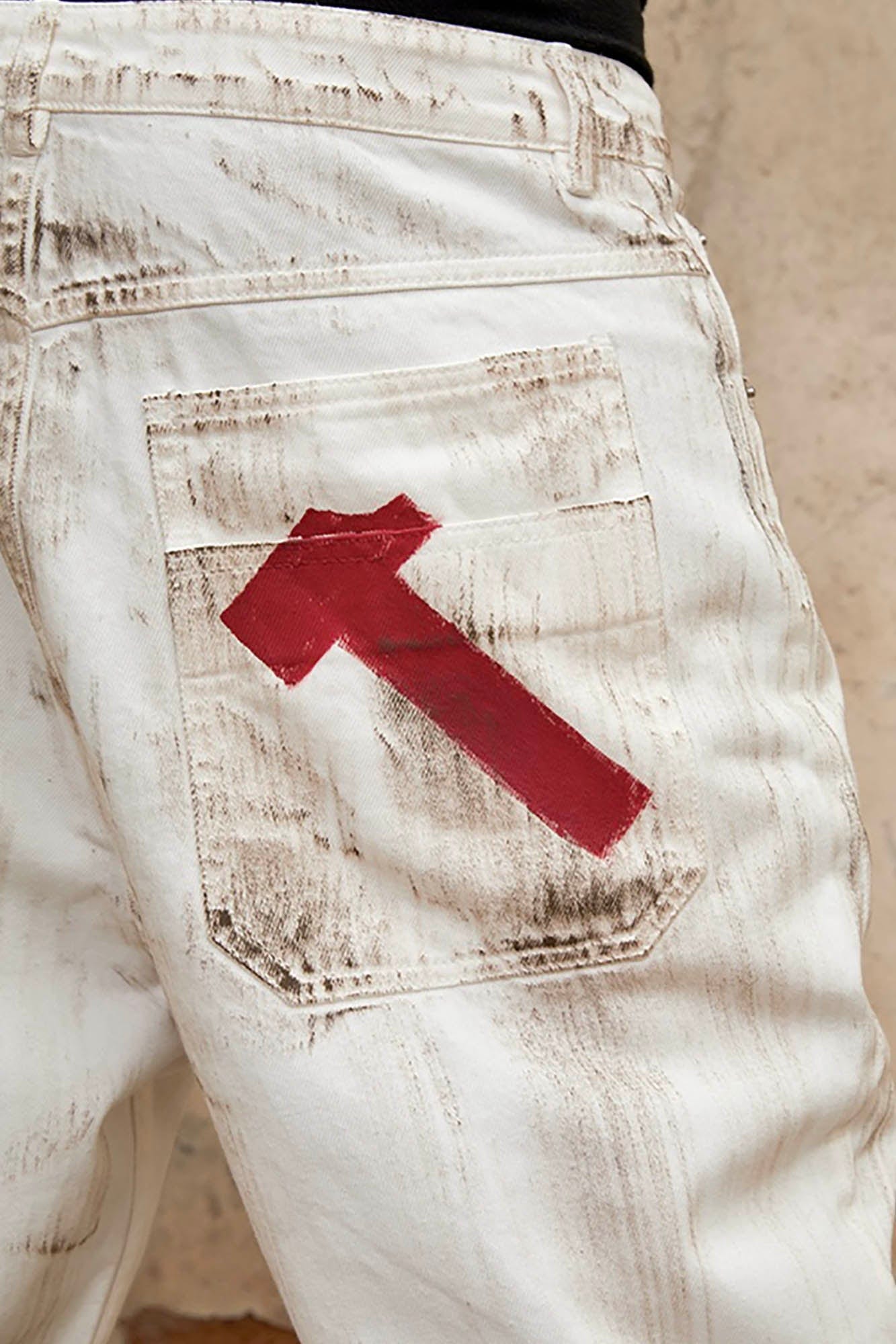TRIANGLE PROJECT Distressed Crescent Blade Flared Denim Pants