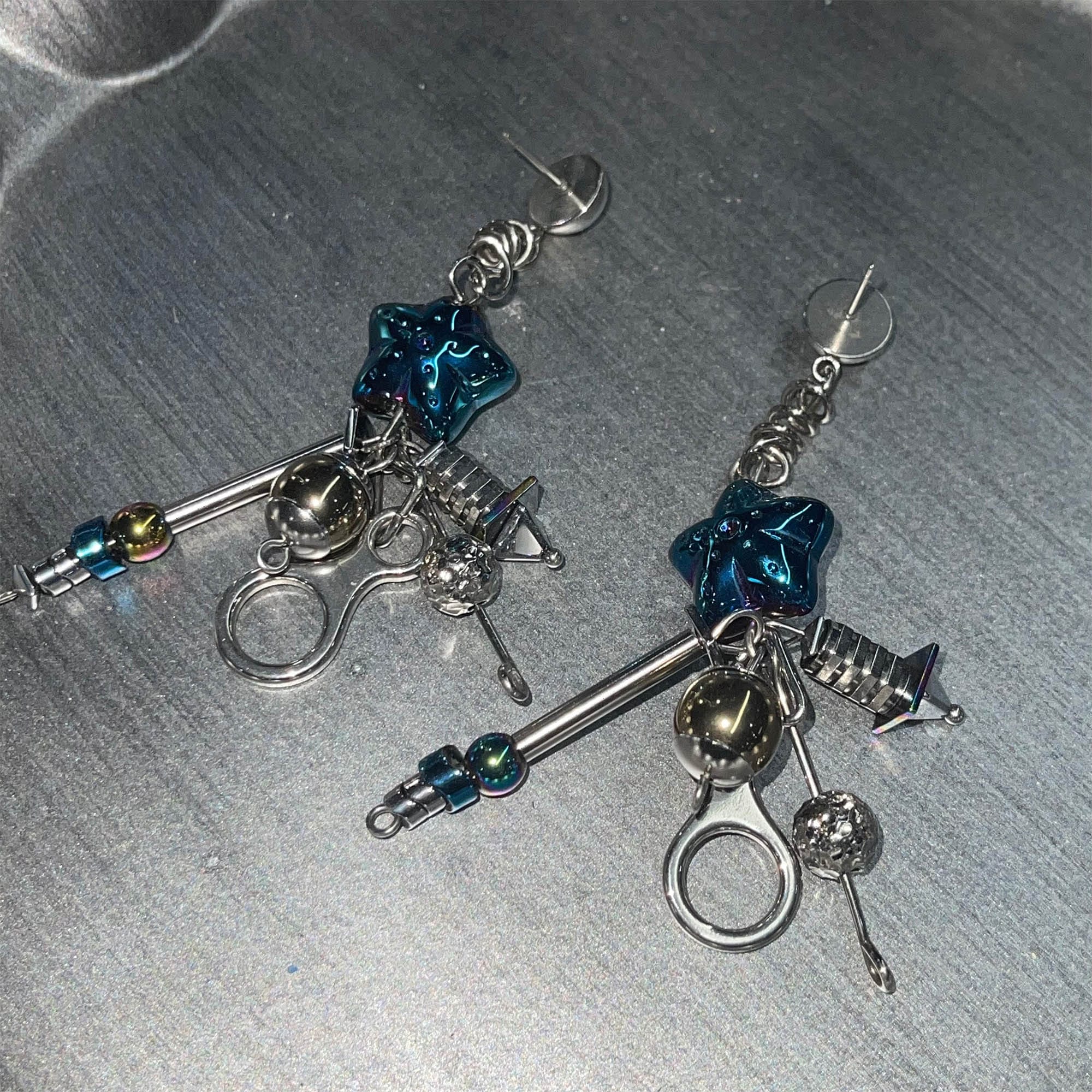 ILLUSORY Space Odyssey Industrial Drop Earrings/ Ear Clip Blue