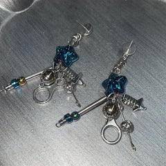 ILLUSORY Space Odyssey Industrial Drop Earrings/ Ear Clip Blue