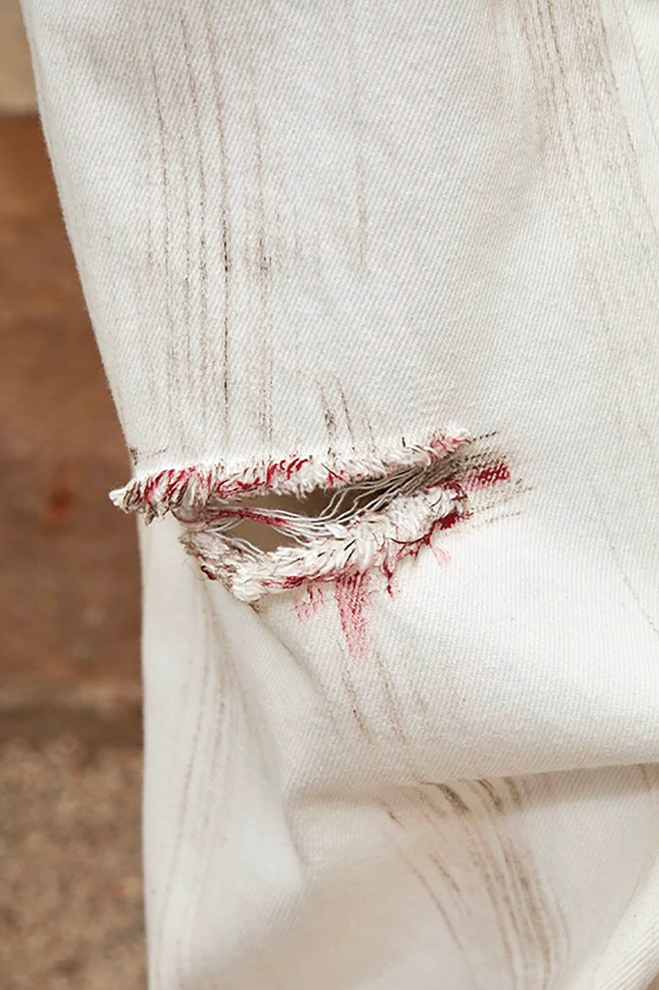 TRIANGLE PROJECT Distressed Crescent Blade Flared Denim Pants