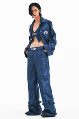 EMBRYO Metallic Devil Horned Wide-Leg Paneled Pants Blue
