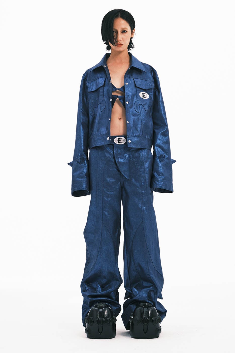 EMBRYO Metallic Devil Horned Wide-Leg Paneled Pants Blue