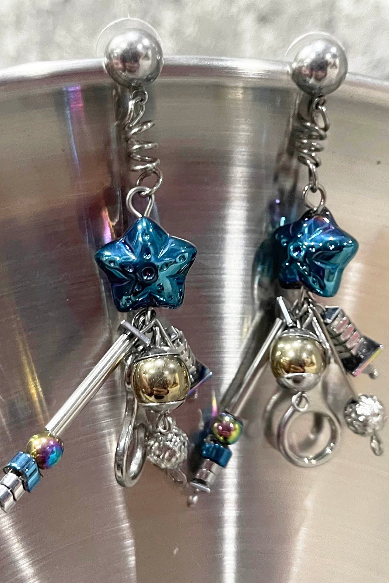 ILLUSORY Space Odyssey Industrial Drop Earrings/ Ear Clip Blue