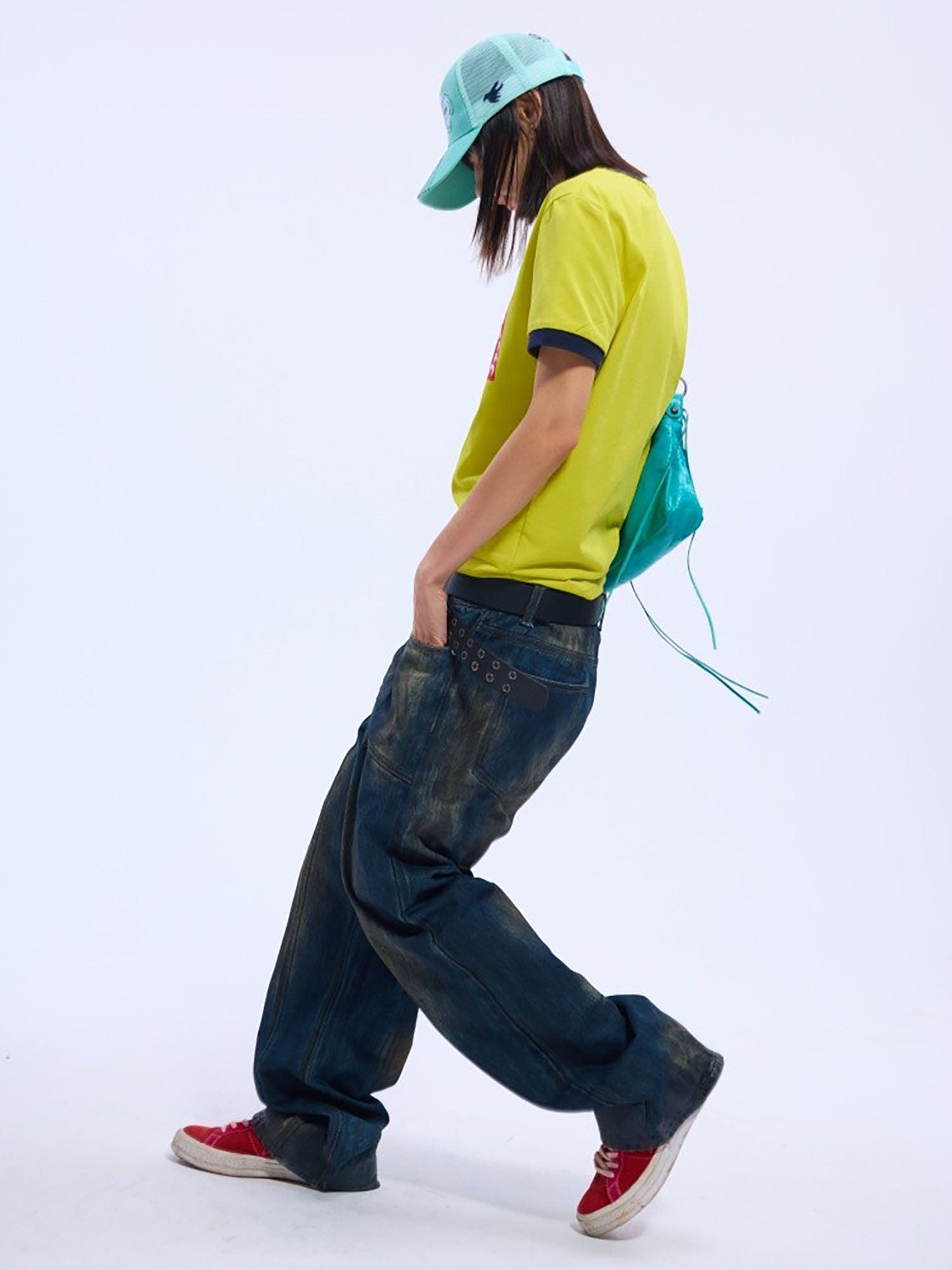 VINKID Asymmetrical Spliced Distressed Jeans
