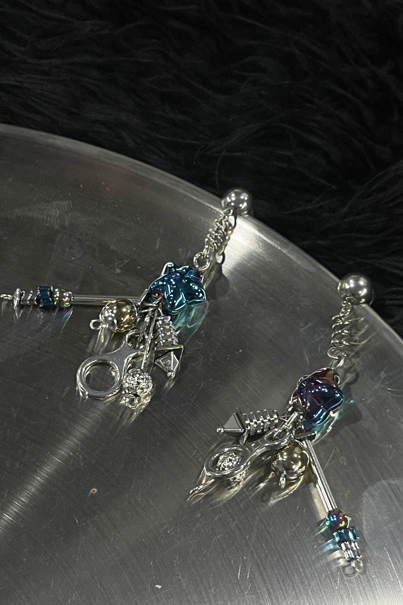 ILLUSORY Space Odyssey Industrial Drop Earrings/ Ear Clip Blue