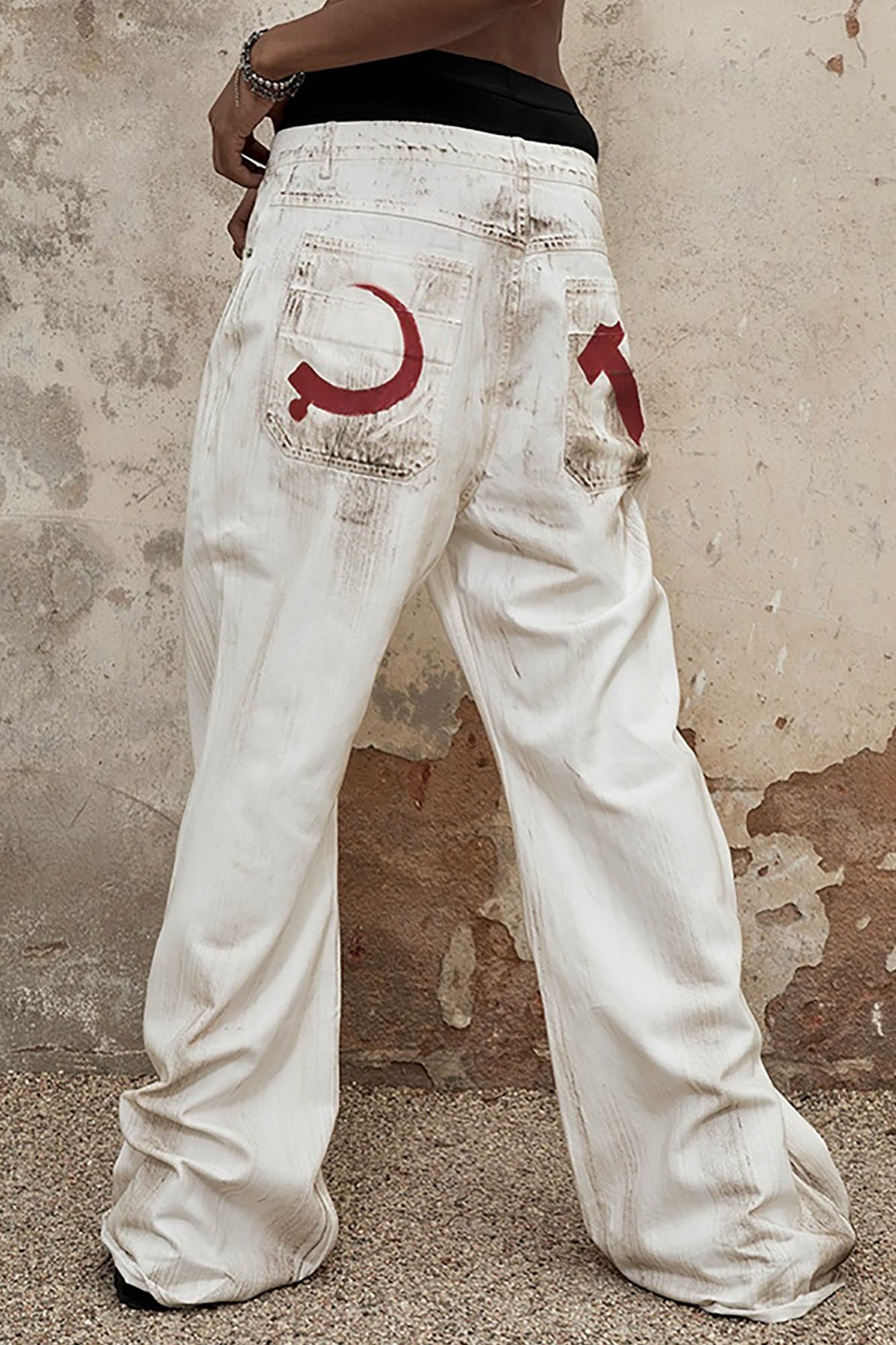 TRIANGLE PROJECT Distressed Crescent Blade Flared Denim Pants