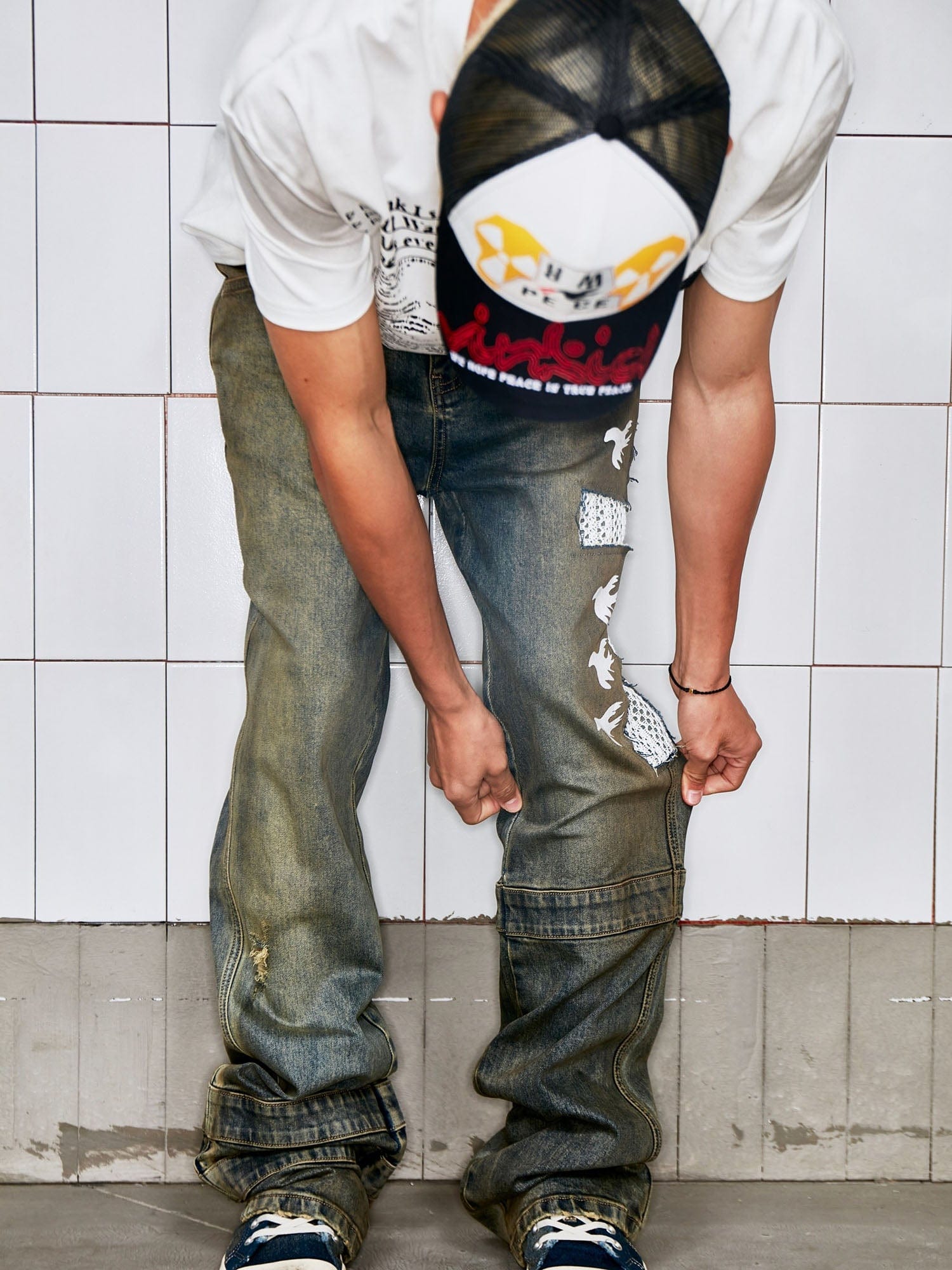 VINKID Cutout Cross & Peace Dove Patchwork Washed Jeans