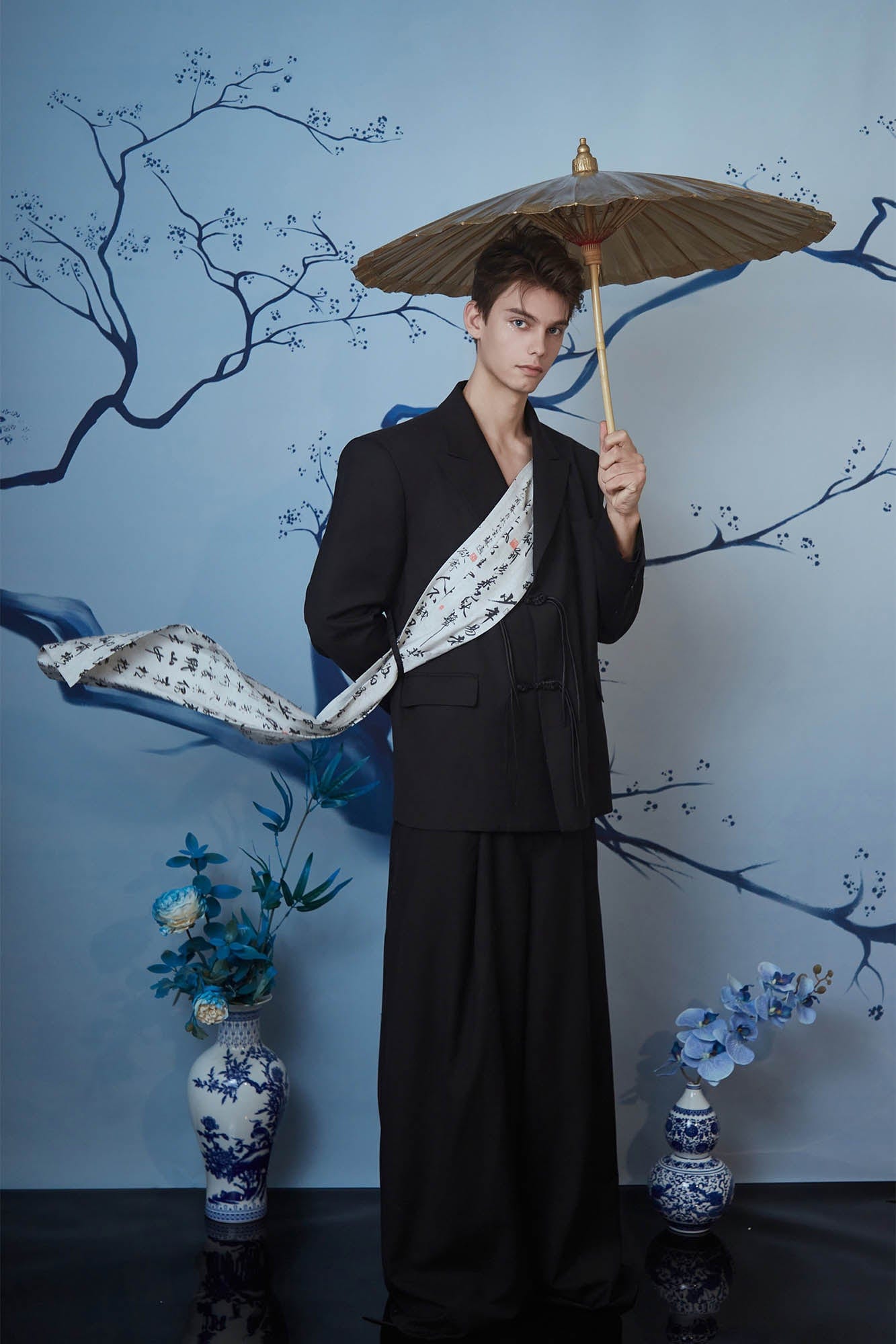 JIECHI Calligraphy Sash Mandarin-Button Blazer
