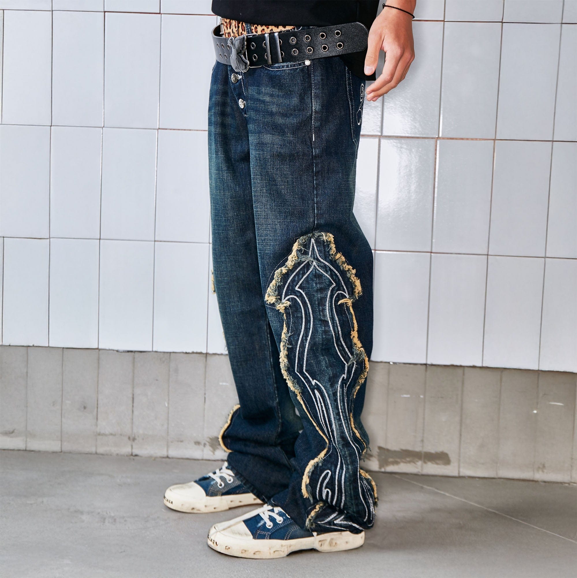 VINKID Swirl Embroidery Patchwork Jeans