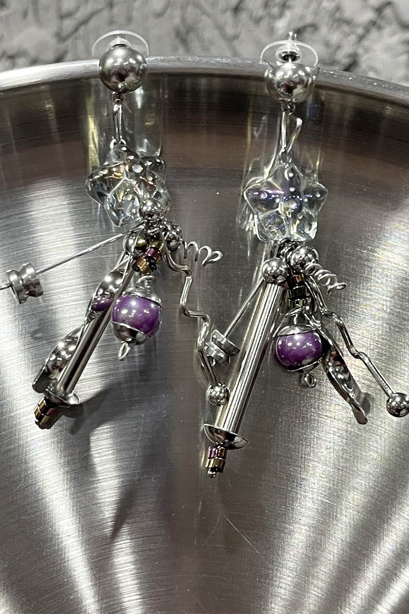 ILLUSORY Space Odyssey Industrial Drop Earrings/ Ear Clip Purple